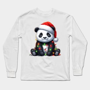 Panda Bear Wrapped In Christmas Lights Long Sleeve T-Shirt